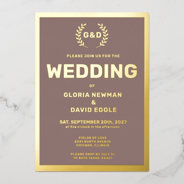 Taupe Typography Wedding Real Gold Foil Invitation (Front)