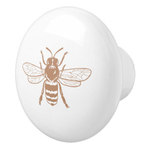 Taupe Vintage Bee Illustration Ceramic Knob