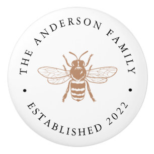 Taupe Vintage Bee Illustration Personalized Ceramic Knob