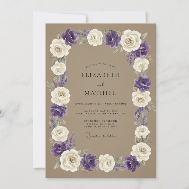 Taupe Violet Wreath Wedding Invitation (Front)