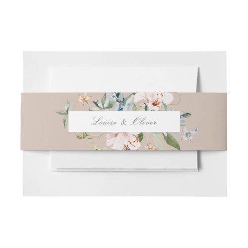 Taupe Watercolor Floral Name Wedding Invitation Belly Band