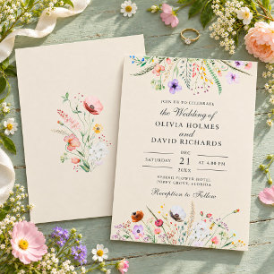 Taupe Watercolor Wildflower Meadow Wedding Invitation