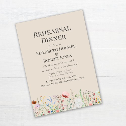 Taupe Watercolor Wildflower Rehearsal Dinner Invitation