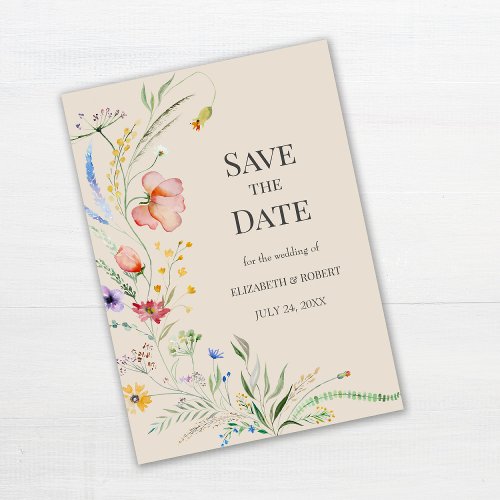 Taupe Watercolor Wildflowers Save The Date Card