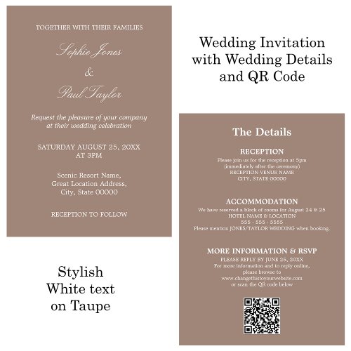 Taupe Wedding QR Code RSVP Invitation