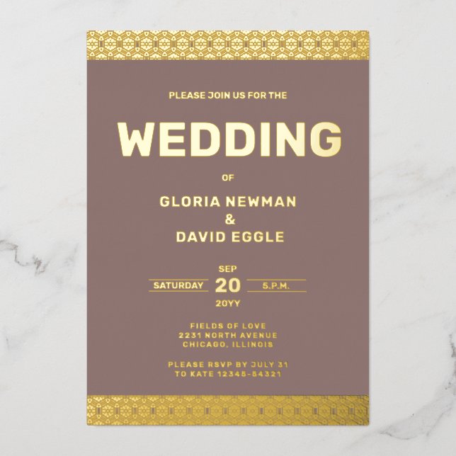 Taupe Wedding Real Gold Foil Invitation (Front)