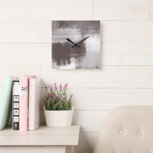 Taupe White Abstract Brushstrokes Square Wall Clock