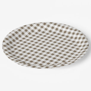 Taupe White Gingham Pattern Paper Plates