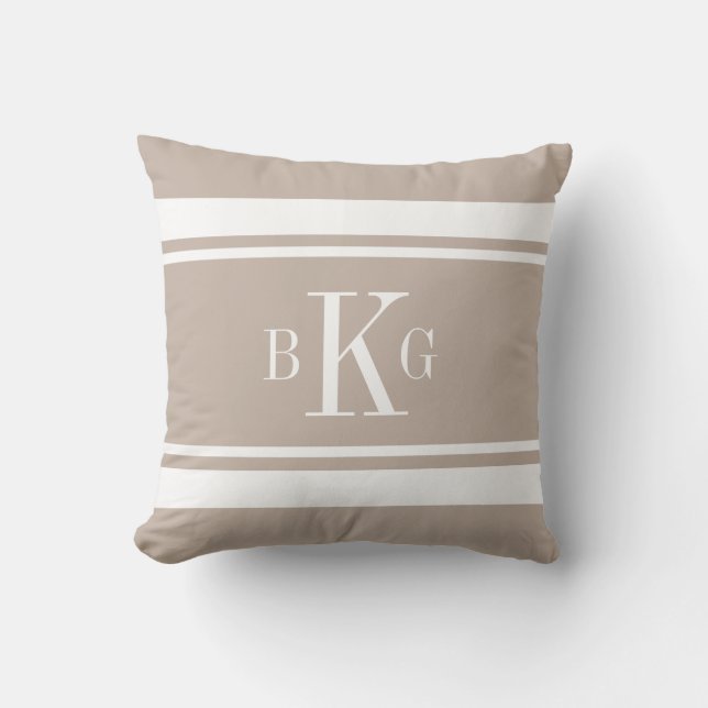 Taupe White Nautical Stripes Custom Monogram Throw Pillow (Front)