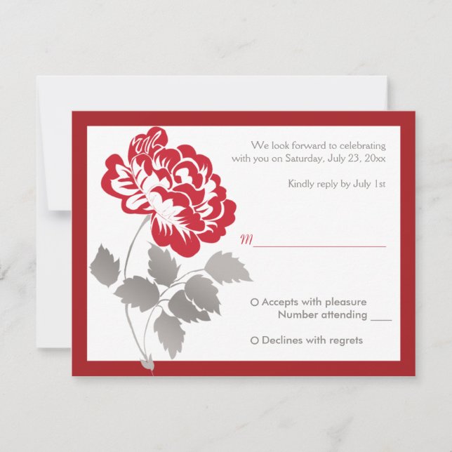 Taupe, White, Red Peony Reply Card (Front)