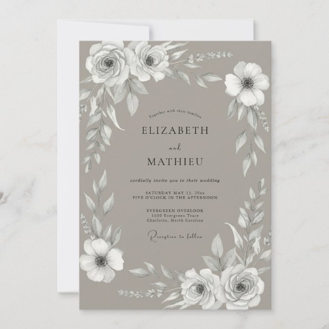 Taupe White Rose Wedding Invitation (Front)