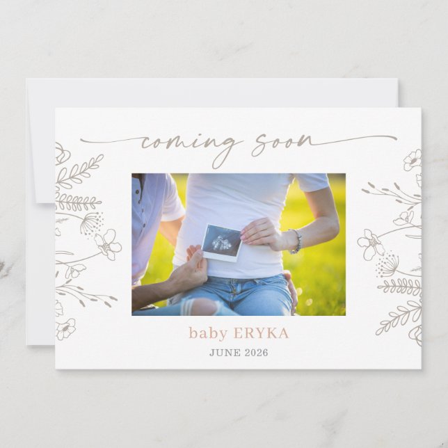 Taupe Wildflower Boho Pregnancy Announcement Card