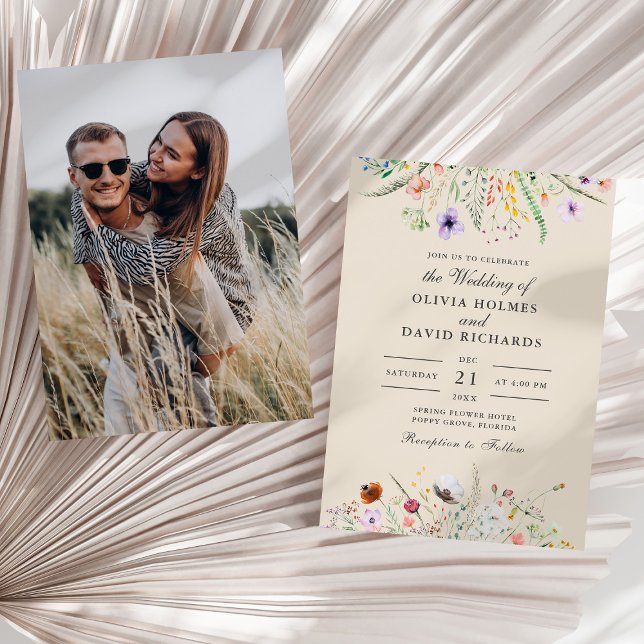Taupe Wildflower Meadow Custom Photo Wedding Invitation (Taupe Wildflower Meadow Custom Photo Wedding Invitation on a sunny white dry palm leaf.)