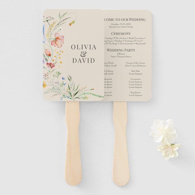 Taupe Wildflower Meadow Wedding Program Hand Fan (Front and Back)