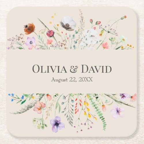 Taupe Wildflower Meadow Wedding Square Paper Coaster