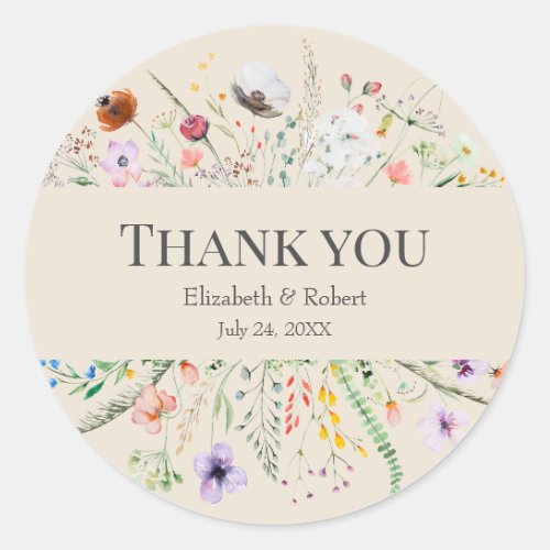 Taupe Wildflower Meadow Wedding Thank You Sticker