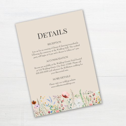 Taupe Wildflowers Wedding Details Enclosure Card