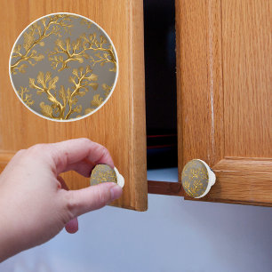 Taupe with Gold Seaweed Ceramic Knob