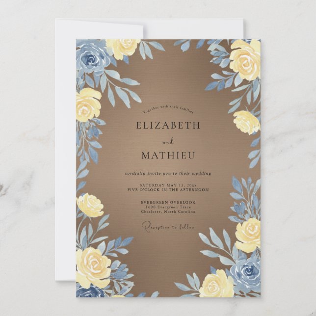 Taupe Yellow Leafy Wedding Invitation (Front)