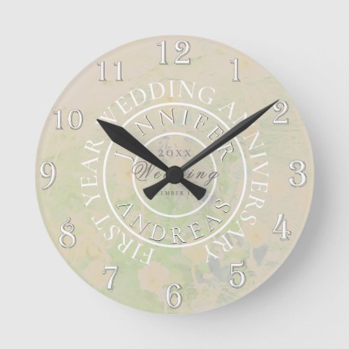 TaupeFloral Medallion 1st Year Wedding Anniversary Round Clock