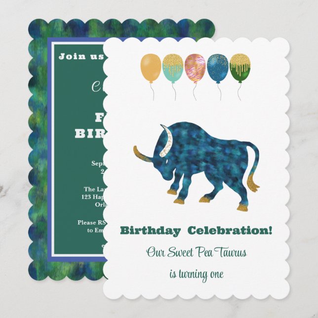 Taurus 1st Birthday Impressionist Gold Glitter Invitation (Front/Back)
