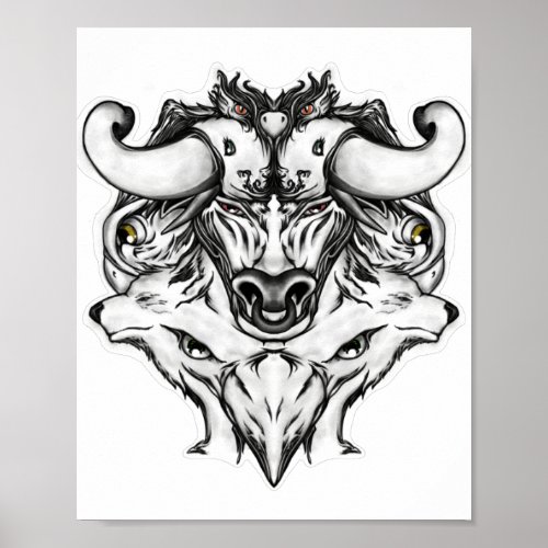 Taurus Black and white line art drawing animals Poster