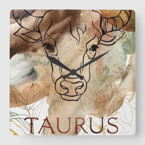 Taurus bull brown gold flowers planets astrology  square wall clock