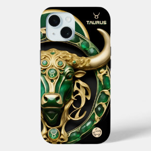 Taurus Bull, Emerald and Gold Personalized iPhone 15 Case
