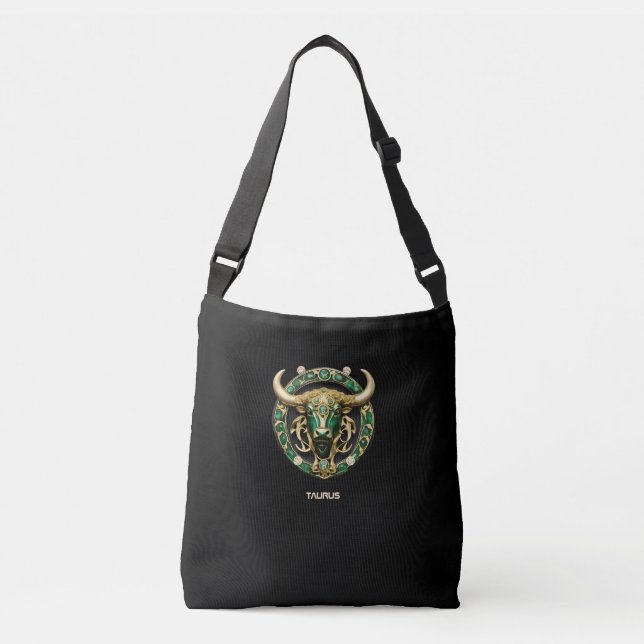 Taurus Bull, Emerald and Gold Personalized Crossbody Bag (Front)