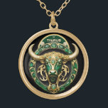 Taurus Bull, Emerald and Gold Personalized Gold Plated Necklace<br><div class="desc">A gift for Taurus: a beautiful and intricate art nouveau style personalized necklace,  depicting an emerald green and gold Taurus bull. Little Taurean symbols adorn the gems. The word "taurus" can be personalized or kept as-is.</div>