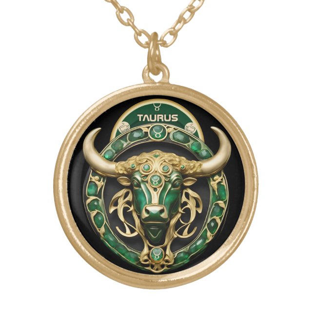 Taurus Bull, Emerald and Gold Personalized Gold Plated Necklace (Front)