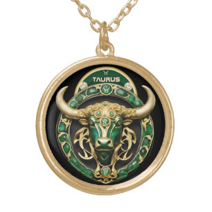 Taurus Bull, Emerald and Gold Personalized Plated Necklace
