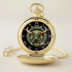 Taurus Bull, Emerald and Gold Personalized Pocket Watch
