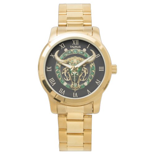 Taurus Bull Emerald and Gold Personalized Watch