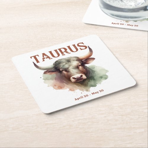 Taurus Bull Watercolor Zodiac Sign Custom Birthday Square Paper Coaster