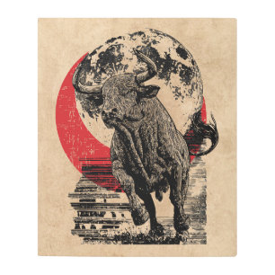 Taurus Bull Zodiac Art Wabi Sabi Red Sun Moon