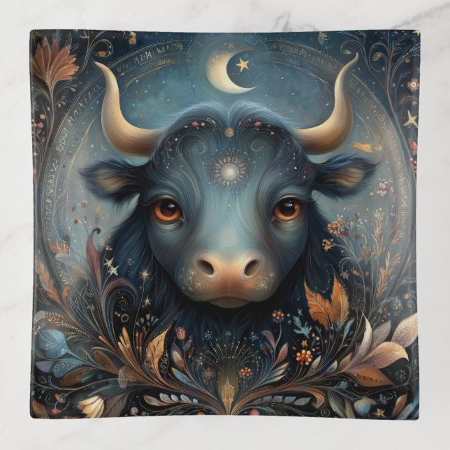 Taurus Bull Zodiac Astrology Celestial Birthday Trinket Tray (Front)