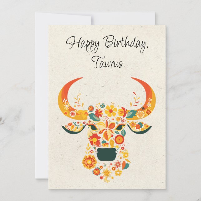 Taurus Bull Zodiac Floral Birthday Card (Front)