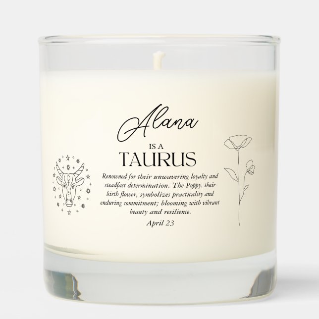 Taurus Celestial Name Gift Birth Sign Vanilla Scented Candle (Front)