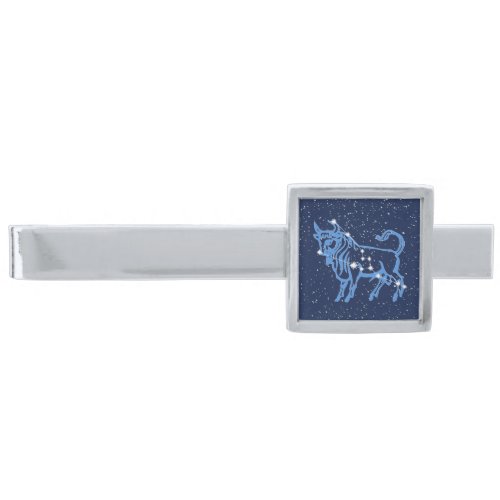Taurus Constellation and Zodiac Sign with Stars Silver Finish Tie Bar