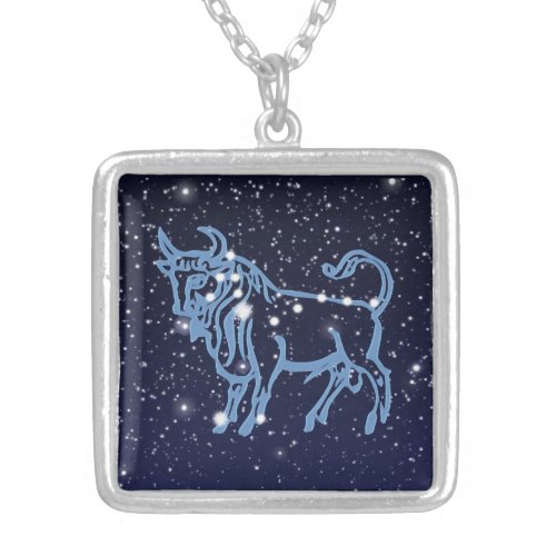 Taurus Constellation and Zodiac Sign with Stars Silver Plated Necklace