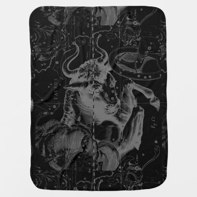 Taurus Constellation Hevelius 1690 on Black Stroller Blanket (Front)