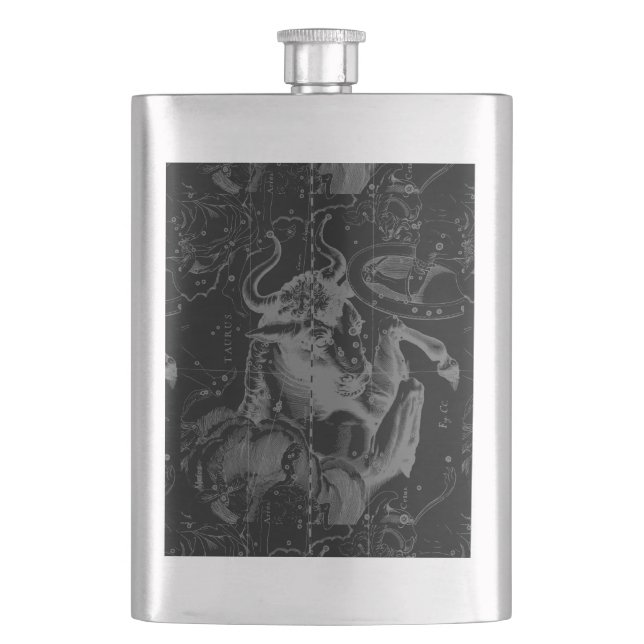 Taurus Constellation Map Hevelius 1690 on Black Flask (Front)