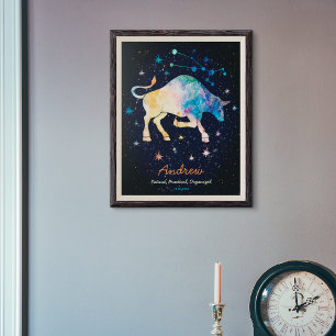 Taurus Constellation Zodiac Watercolor Star Galaxy Poster