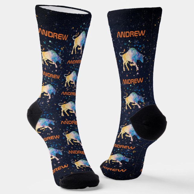 Taurus Constellation Zodiac Watercolor Star Galaxy Socks (Angled)
