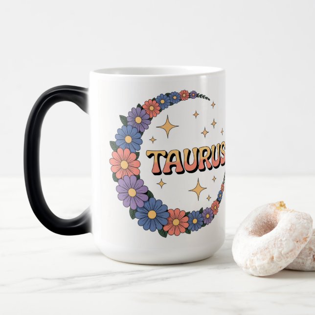 Taurus Crescent Moon Flowers Morphing Mug (With Donut)