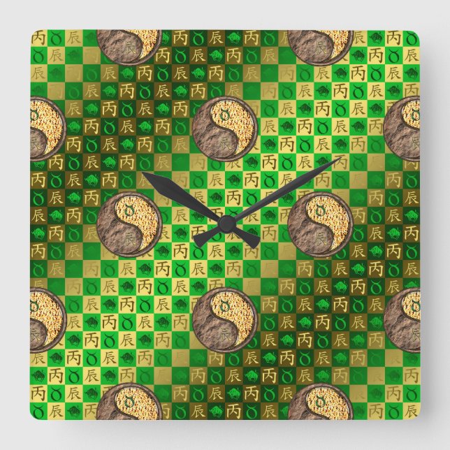 Taurus & Fire Dragon Square Wall Clock (Front)