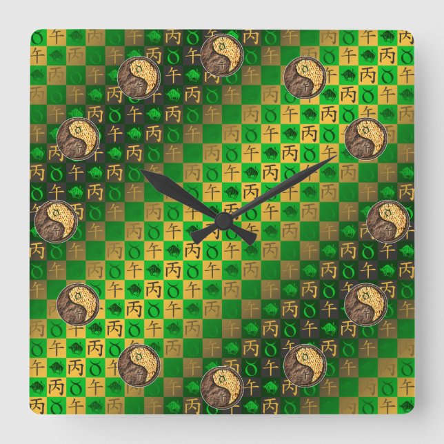 Taurus & Fire Horse Square Wall Clock (Front)