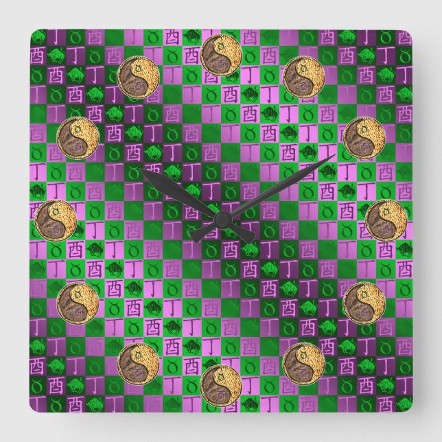 Taurus & Fire Rooster Square Wall Clock (Front)