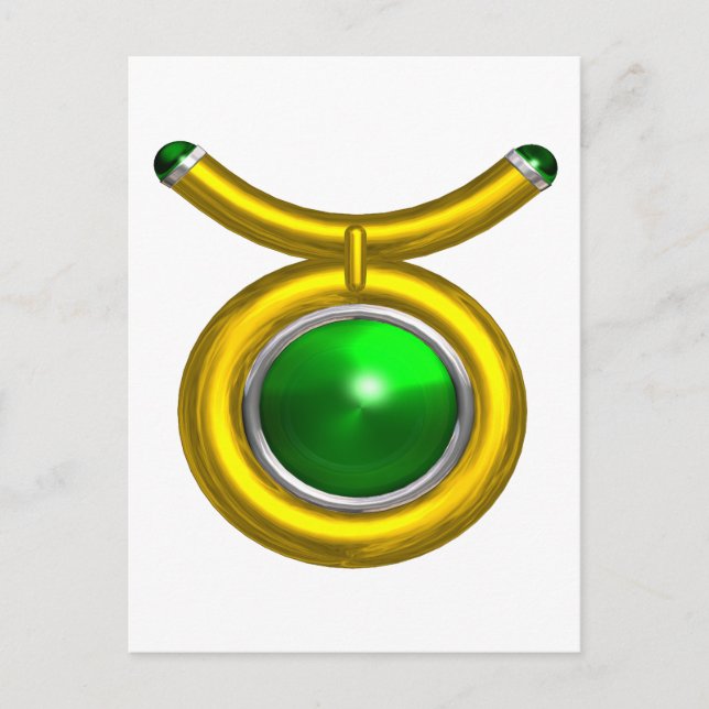 TAURUS /GOLD,GREEN EMERALD ZODIAC BIRTHDAY JEWEL POSTCARD (Front)